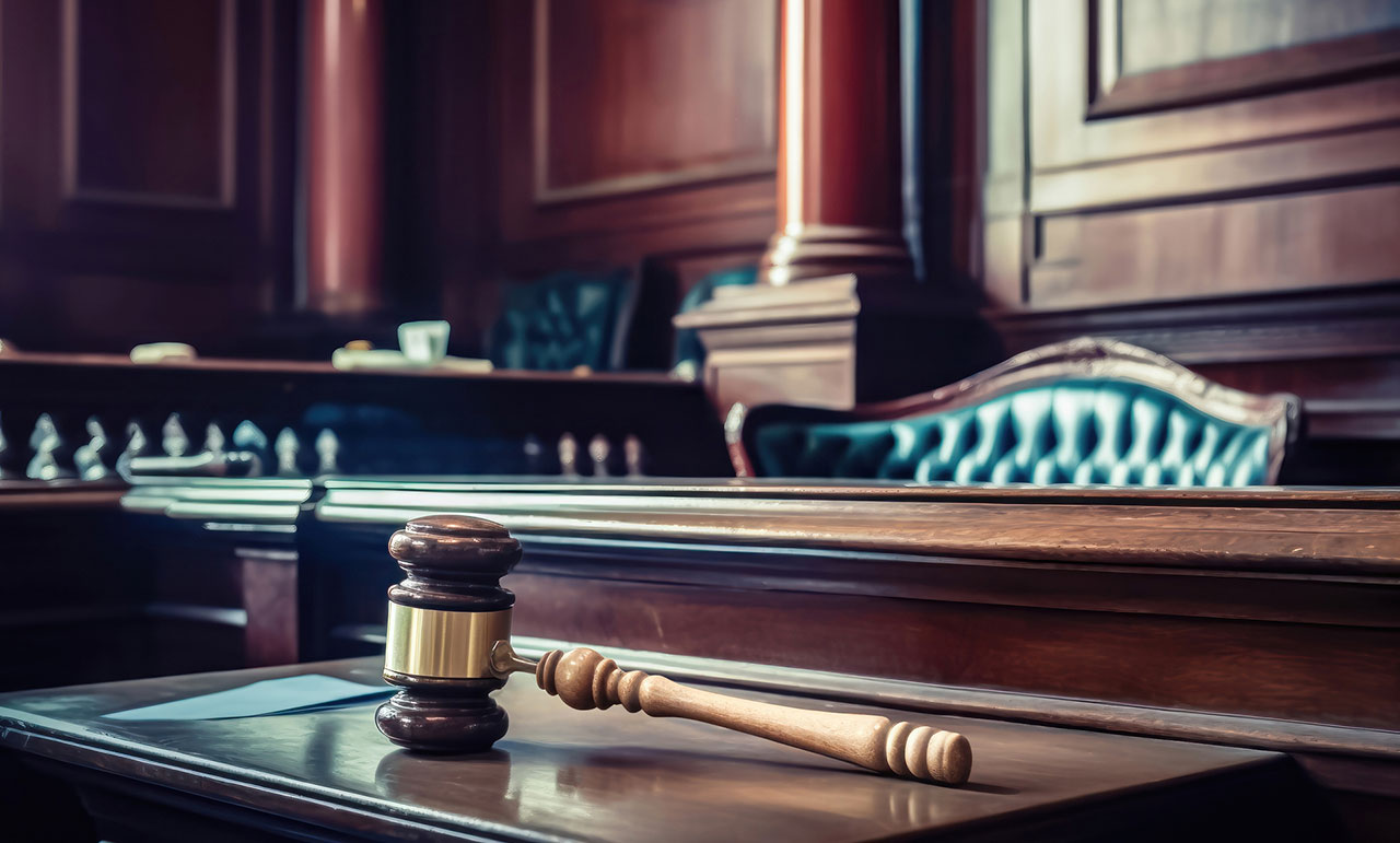 Judge’s gavel in a courtroom representing how self-defense cases are evaluated under the law